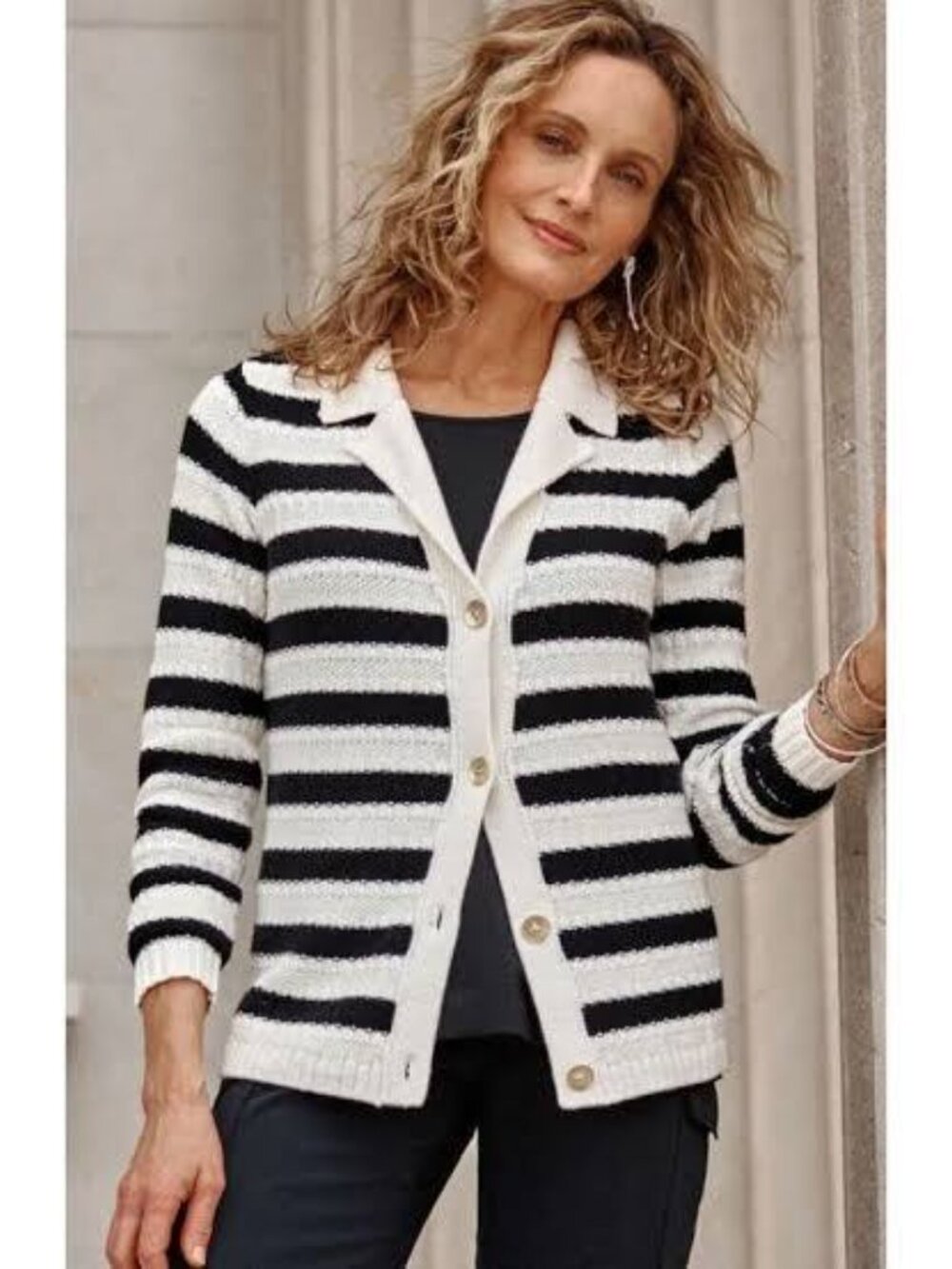 J. Jill Cream and Black Striped Knit Sweater with gold buttons; 2X